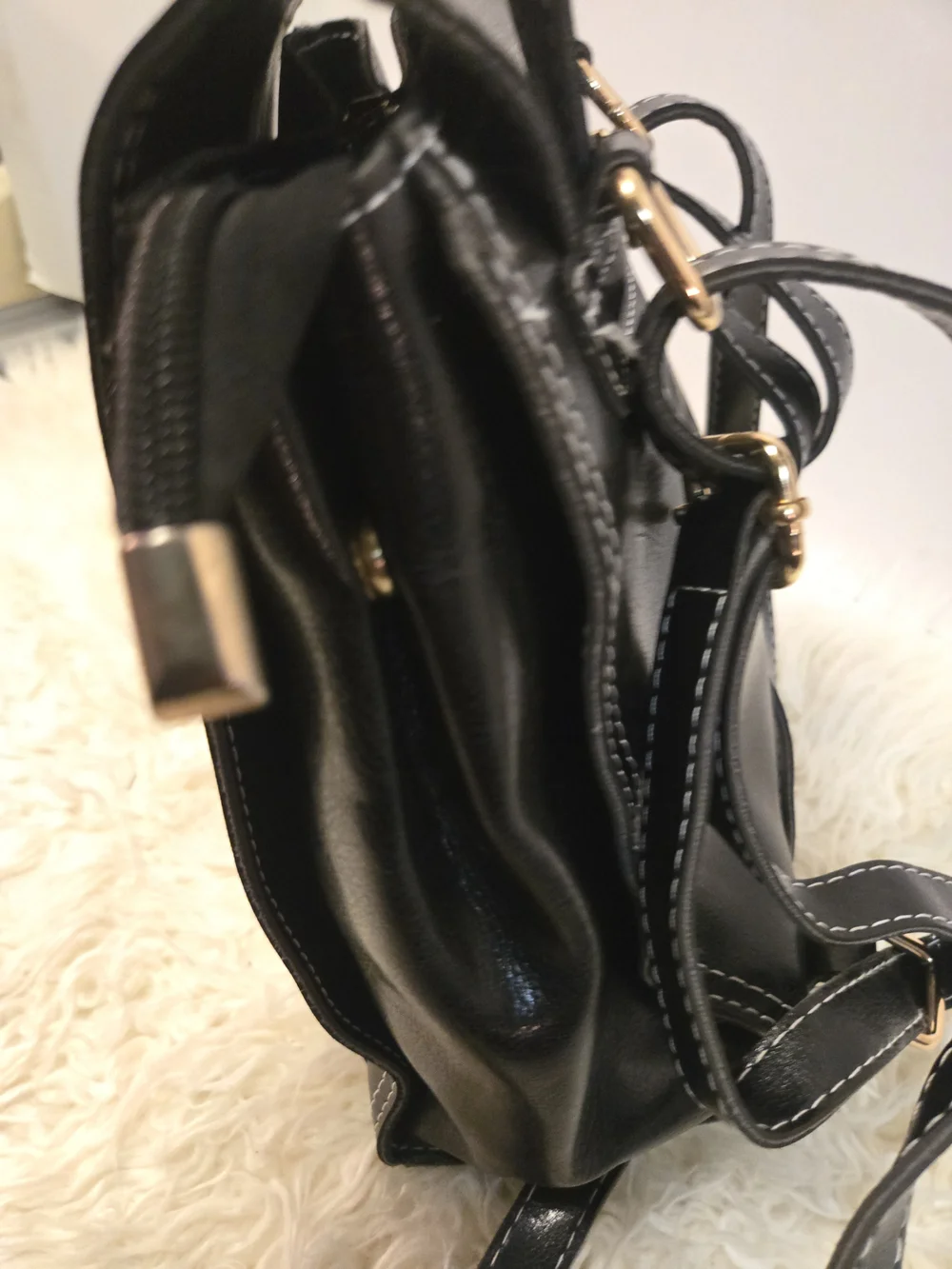 VEGAN Black Leather Crossbody Bag with Contrast Stitching